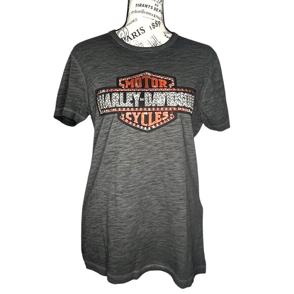 Harley Davidson (M) Raw-Edge Neck Printed Graphic Studded Logo Short Sleeve Tee - Picture 1 of 10